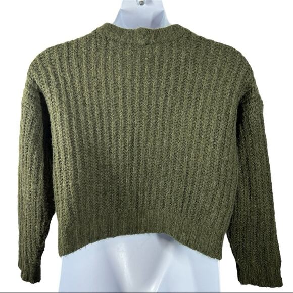 American Eagle Cropped Chunky Knit Dark Green Crew Neck Sweater Size Small - Picture 6 of 13